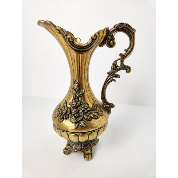 Vintage Italian Floral Embossed Metal Pitcher Vase Decor Footed Made in Italy 7" - Picture 2 of 8